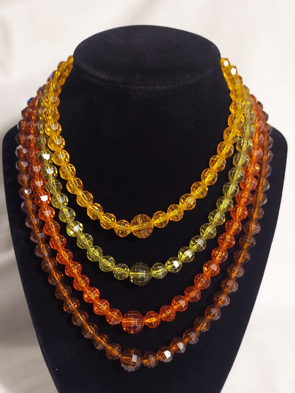 Vintage Four-strand orange Brown  faceted bead necklace Stunning Colors Fall